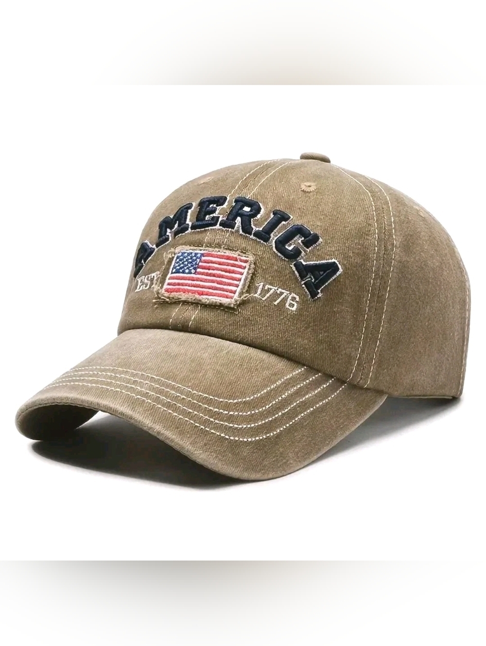 Khaki Baseball Cap with 'AMERICA' & Flag Embroidery
